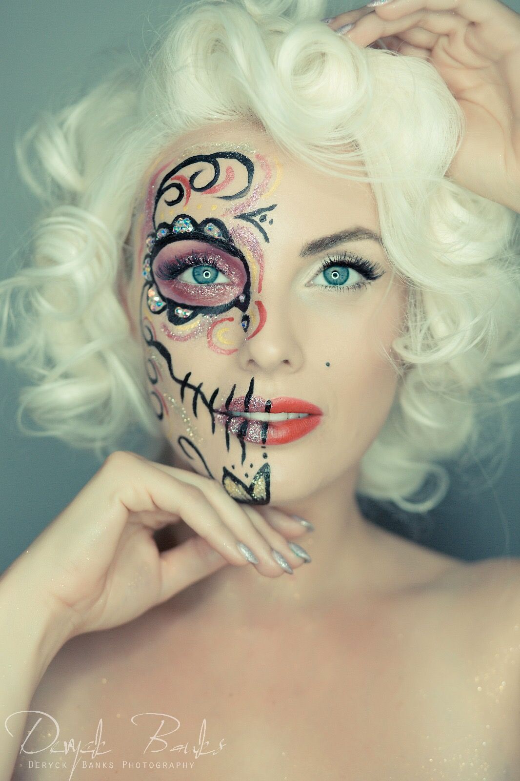 fashion model made up face half horror style makeup